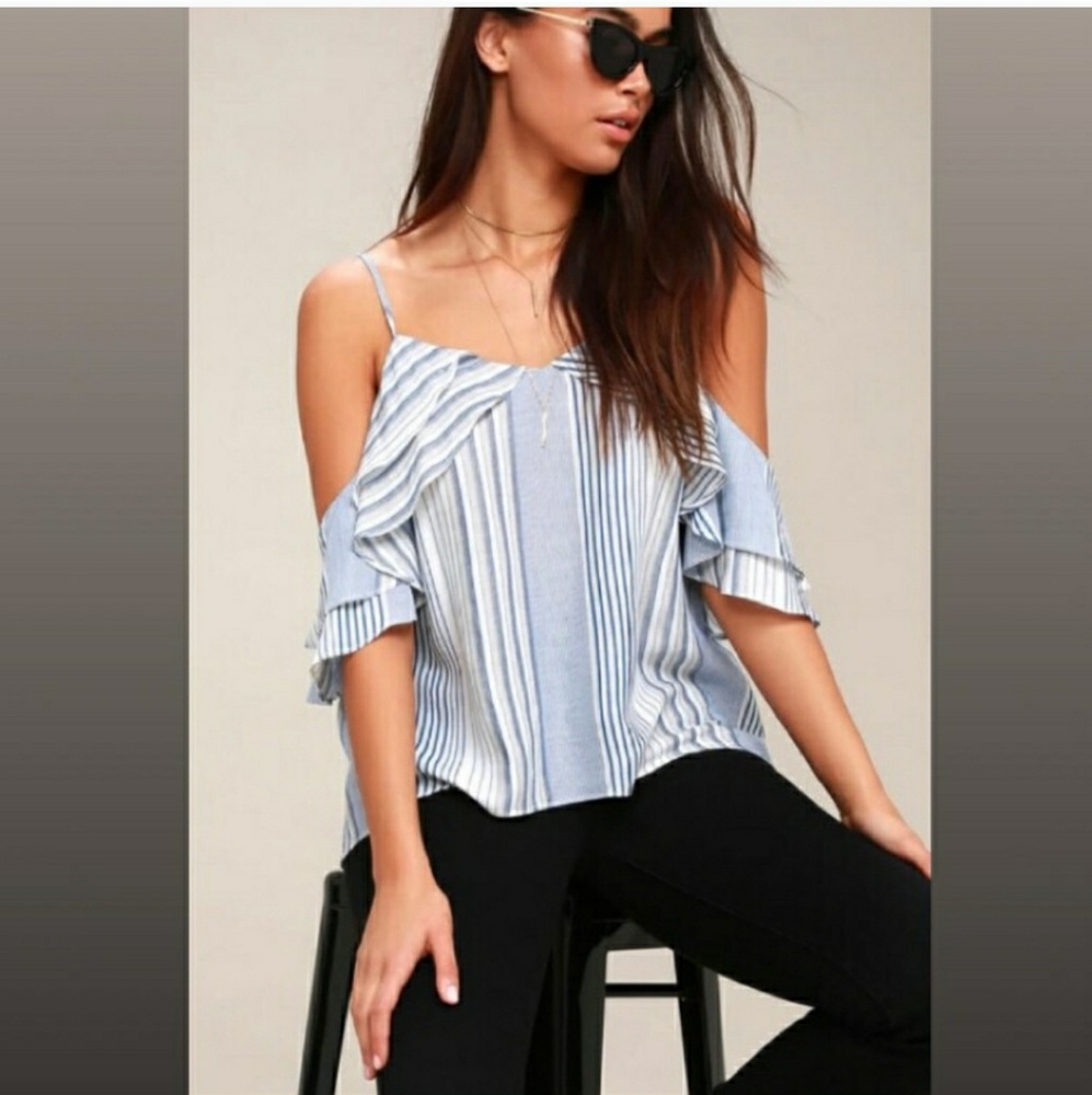 Lulu's Blue Clemence Off Shoulder Ruffle Top Med